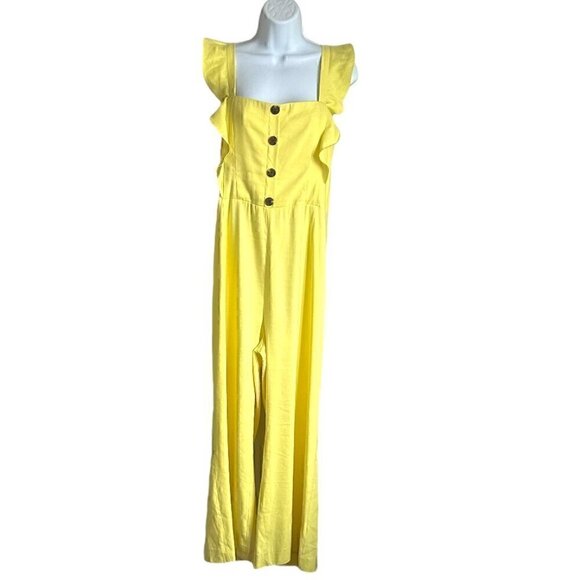 EUC Gianni Bini Square Neck Ruffled Linen Blend Crop Jumper in Yellow - Size 10 - Picture 3 of 11